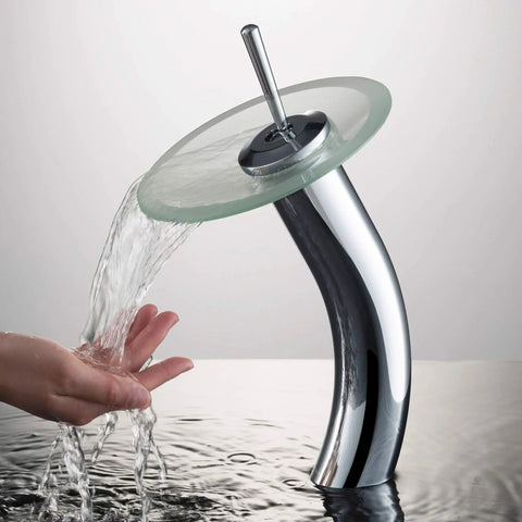 Tall Waterfall Vessel Sink Faucet With Frosted Glass Disk And Pop Up Drain Chrome Finish Next Level Centerpiece For Modern Bathrooms