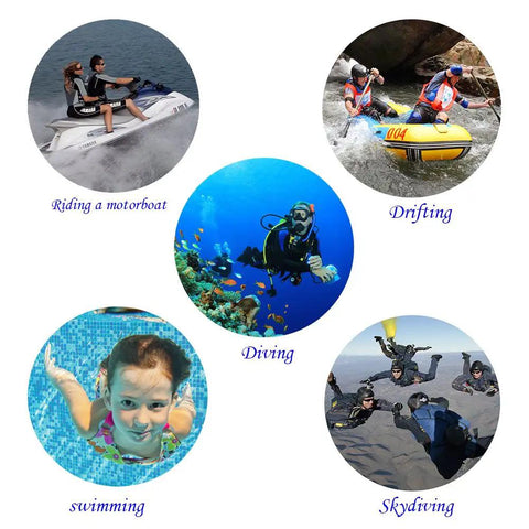 Collage of adventure activities including motorboating, drifting, diving, swimming, and skydiving.