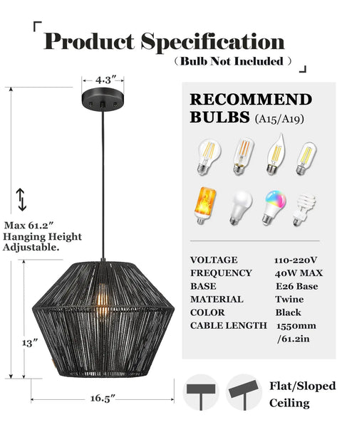 Handwoven Rattan Basket Shade Boho Chic Pendant Light 16.5 Inch Matte Black Modern Farmhouse Coastal Chandelier dimensions