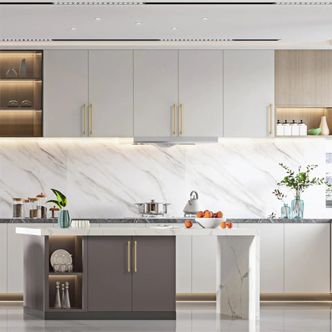 Modern kitchen with 10 Pack 7.5 Inch Champagne Bronze Cabinet Pulls on white cabinets and drawers, featuring stylish marble countertops.