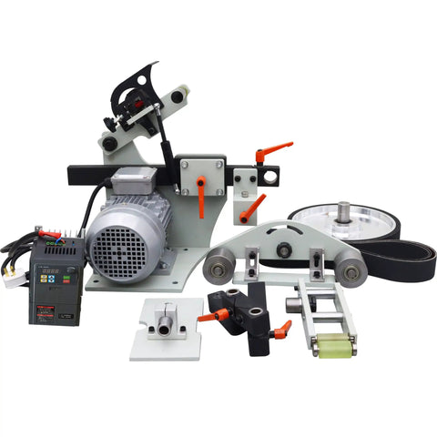 Workhorse Variable Speed Belt Sander And Knife Grinder With Wheel And Flat Platen Tool Rest For Sick Polish Results 72X2 Inch Belt 1500W Motor 220V detailed view showing components and setup.