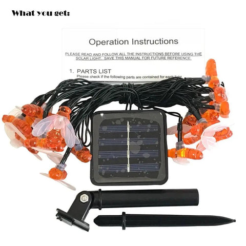 Solar Honey Bee String Lights With 20 Led Outdoor Waterproof Decor For Garden Patio And Xmas, solar panel and ground spike included