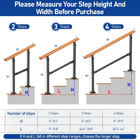 Sturdy Metal Wood Grain Handrail For 3 Step Outdoor Stairs Built Tough For Elderly Grip Help And Fall Prevention Zero Sweat Diy Mounting For Back Porch Upgrade Your Daily Safety Routine sizing guide for 2, 3, and 4 step installations