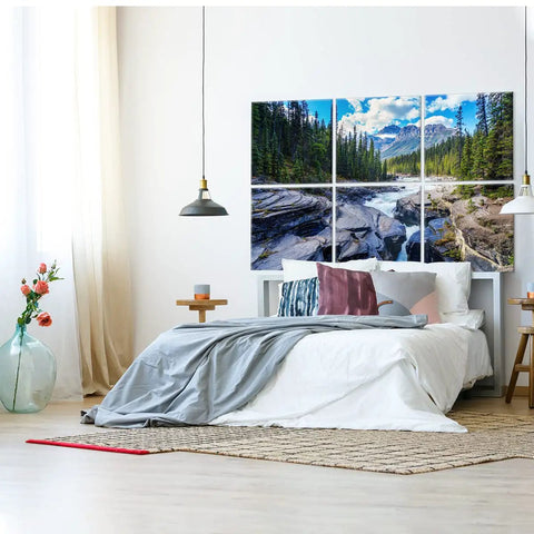 Heavy Duty Acoustic Wall Panels 72 By 48 Inch Sound Absorbing Room Divider Art Panel on bedroom wall with landscape design.