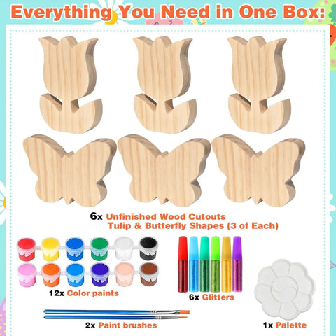 Spring Wood Cutouts Painting Kit 6 Pack Tulip And Butterfly Shapes Unfinished Blank Wood Slices With Art Supplies