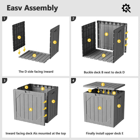 Massive 260 Gallon Outdoor Storage Box Bench assembly instructions with step-by-step guide and labeled components.