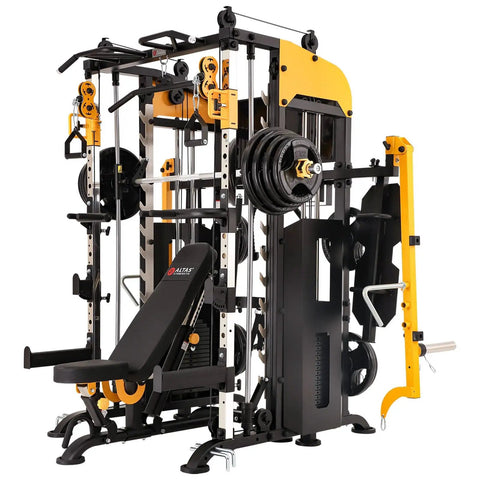 All In One Home Gym System With Smith Machine And Adjustable Lever Arms 2 To 1 Pulley Ratio Commercial Grade Squat Rack Dual 440lb Weight Stacks And Attachments For Safe Solo Training