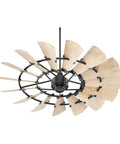 Sixty Inch Damp Rated Ceiling Fan With A Badass Fifteen Blade Wagon Wheel Design Efficient DC Motor Weathered Oak Blades Textured Black Finish and a Slick Remote from above view.