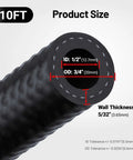 Close-up of Half Inch Fuel Hose Line Kit With 8AN Push Lock Fittings NBR SAE 30R7 showing product size and wall thickness details, 10FT, 1/2" ID, 3/4" OD and 300 PSI working.