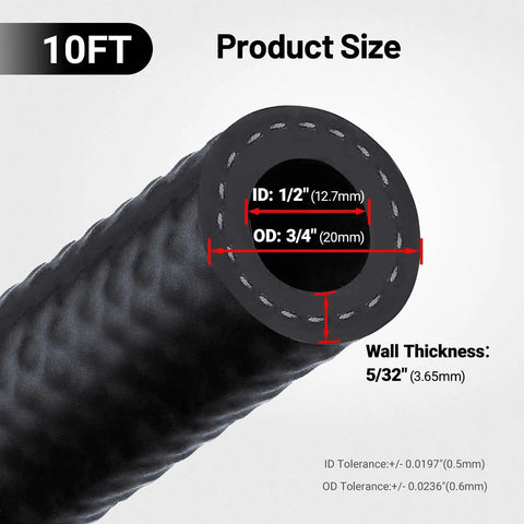 Close-up of Half Inch Fuel Hose Line Kit With 8AN Push Lock Fittings NBR SAE 30R7 showing product size and wall thickness details, 10FT, 1/2" ID, 3/4" OD and 300 PSI working.