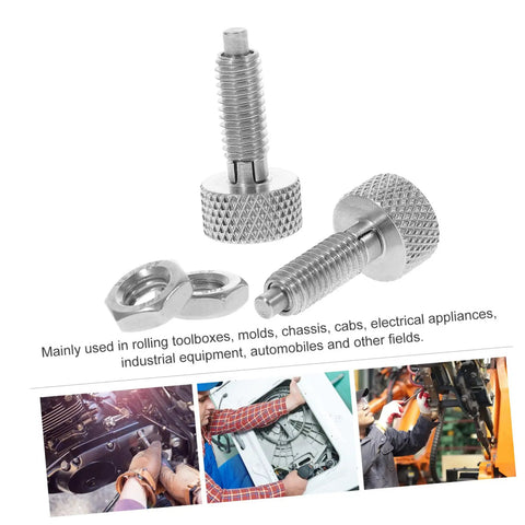 Pack Of Two Stainless Steel Retractable Spring Plungers With Knurled Handle Indexing Pin Lockout Pin For Rolling Toolboxes And Shop Equipment No Fuss Installation Hella Durable Build, showing the plunger and nut components.