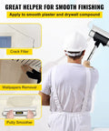 Worker uses Pro Grade Drywall Skimming Blade Set with extension to smooth wall, includes 10, 16, 24 inch blades, images of uses.