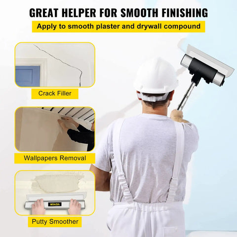 Worker uses Pro Grade Drywall Skimming Blade Set with extension to smooth wall, includes 10, 16, 24 inch blades, images of uses.