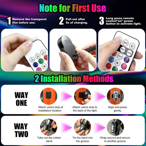 Instructions for Premium LED Rock Lights With 8 Color Options And 10 Modes For Cars, Motorcycles, Boats, Bikes, Drones And Camping
