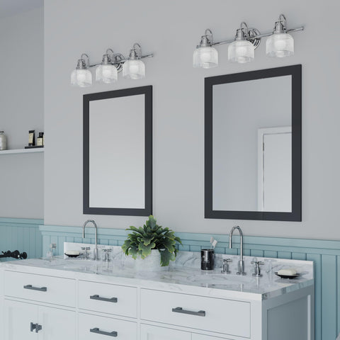 Archie Collection 3 Light Clear Double Prismatic Glass Coastal Bath Vanity Light In Polished Chrome Finish over double sinks