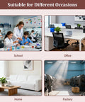 Collage showing a school lab, office workspace, home living room, and factory interior for different occasion suitability.