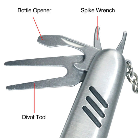 All In One Golf Multi Tool With Divot Repair Tool Ball Marker And Club Groove Brush Pen And Keyring showing divot tool and spike wrench