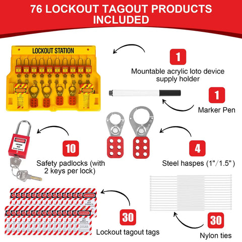 No Fuss Lockout Tagout Station And Group Safety Kit Featuring Osha Compliant Pads Hasps Tags And Hooks Job Site Ready display of 76 lockout tagout products with padlocks, hasps, tags, and a supply holder.