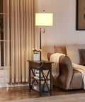 Floor Lamp With Table And USB Type C Ports, narrow end table with rotating lamp shade beside sofa, rustic storage shelf.