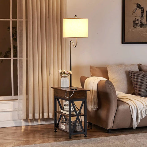 Floor Lamp With Table And USB Type C Ports, narrow end table with rotating lamp shade beside sofa, rustic storage shelf.