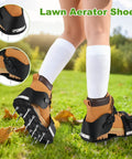 Person wearing Lawn Aerator Shoes With 26 Nails, Adjustable Loop Straps And Buckle, 5cm Spikes For Lawn Garden And Patio on grass.