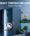 TempPro wireless fridge thermometer with alarm; wall-mounted unit with backlit LCD beside a refrigerator.