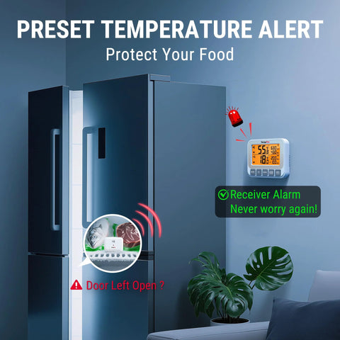 TempPro wireless fridge thermometer with alarm; wall-mounted unit with backlit LCD beside a refrigerator.