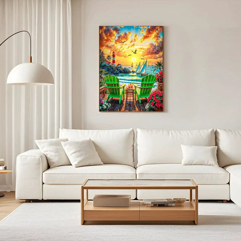 Sunset Diamond Painting Kit For Adults, 5D Beach DIY Full Drill Round Gem Art on living room wall, 12 x 16 inch decor