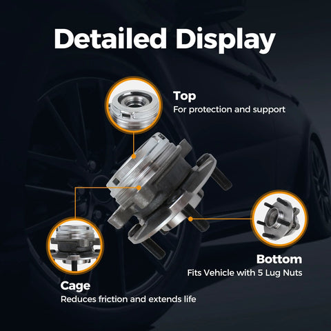 Detailed view of Two Pack Front Wheel Hub Bearing Assembly 513296 with labeled parts for Nissan and Infiniti, 5 lug fitment.