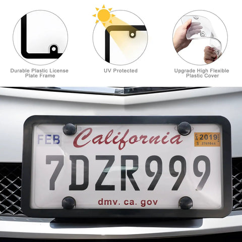 Clear License Plate Cover And Frame Set 2 Pack Grey Front And Rear Holder with ABS construction shown installed on car.