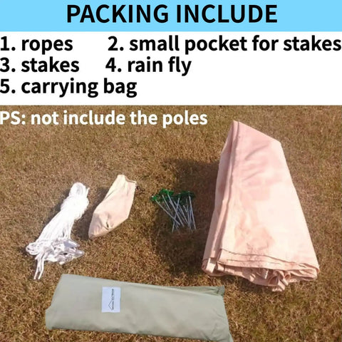 Packing contents for Heavy Duty Waterproof Rain Fly For Bell Tent Yurt Shelter, including ropes, stakes and rain fly.