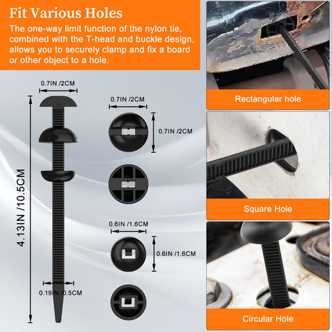 Heavy Duty Nylon Universal Zip Tie Buckles for Cars showcasing various hole fittings with dimensions and installation examples