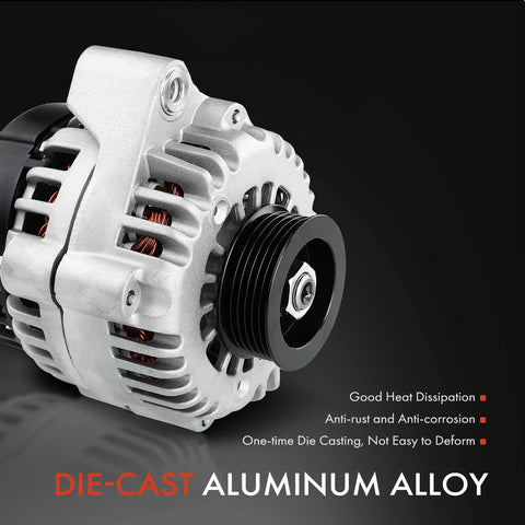 Alternator For Honda Accord 2003 V6 3.0L 12V 105A Clockwise 6 Groove Pulley New OE Equivalent Auto Electrical Part Direct Fit Replace 31100RCAA01 31100RCAA01RM 10480497 showing close-up view with black pulley and aluminum alloy body, highlighting durability features of heat dissipation.