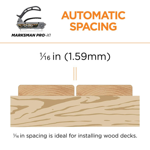 Marksman Pro-X1 Deck Fastening Kit with 1/16 in spacing diagram for installing wood decks