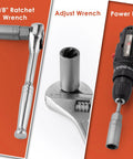 Deep Well Bolt Extractor Set Beefy Sixteen Piece Three Eighths Inch Deep Socket Tools used with ratchet wrench, adjustable wrench, and power drill.