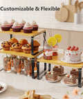 Premium Bamboo Kitchen Counter Shelf Set Of Two Stackable Expandable Spice Rack Storage Holder For Jars Cookbooks Tools Black And Natural Beige Solid setup displaying desserts and drinks in a customizable arrangement.