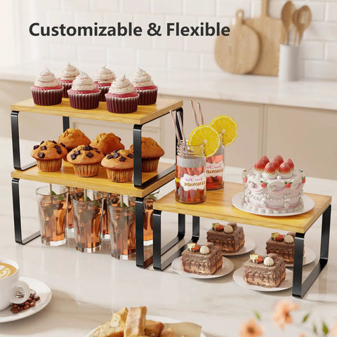 Premium Bamboo Kitchen Counter Shelf Set Of Two Stackable Expandable Spice Rack Storage Holder For Jars Cookbooks Tools Black And Natural Beige Solid setup displaying desserts and drinks in a customizable arrangement.