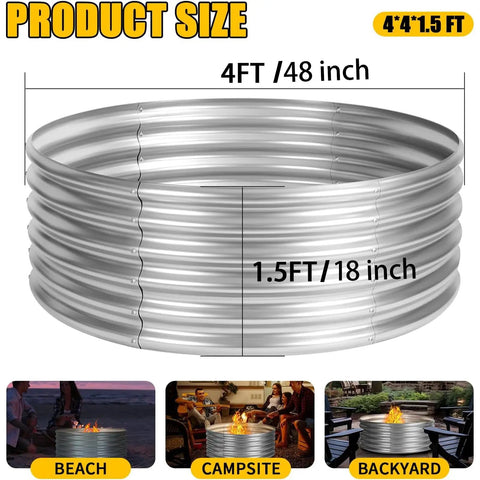 4 Foot Fire Pit Ring Galvanized Steel 48 Inch Wood Burning Ring For Backyard Bonfire And Camping, 18 Inch Raised Design.