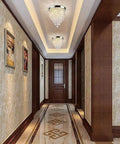 Four Light Mini Crystal Chandelier, Modern Flush Mount Ceiling Light, hallway view with two fixtures, elegant decor.