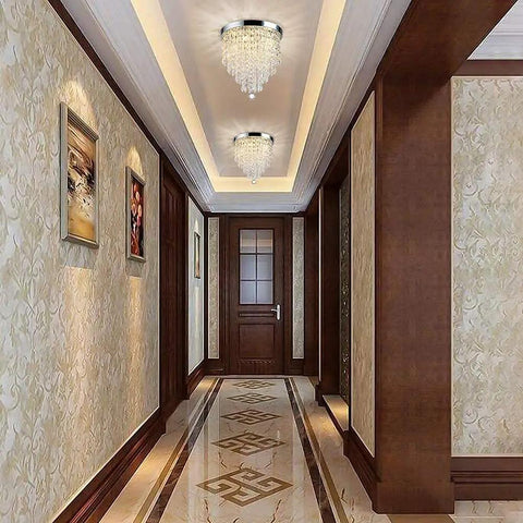 Four Light Mini Crystal Chandelier, Modern Flush Mount Ceiling Light, hallway view with two fixtures, elegant decor.