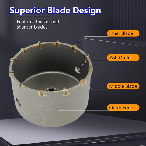 Close-up of 9 Piece Tough As Nails Sds Plus Concrete Hole Saw Kit With Premium Tungsten Carbide Tips showing blade design details.