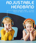 Kids wearing orange and blue earmuffs, illustrating Kids Ear Protection Earmuffs With Adjustable Headband NRR 25dB For Sports Events Concerts Airports And Travel Bright Orange And Blue For Easy Visibility And All Day Comfortable Fit.