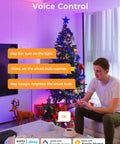 Man using voice control with Lit Color Changing Smart LED Bulbs 4 Pack Dimmable 9W 810 Lumens A19 With E26 Base 2700K To 6500K and Christmas tree