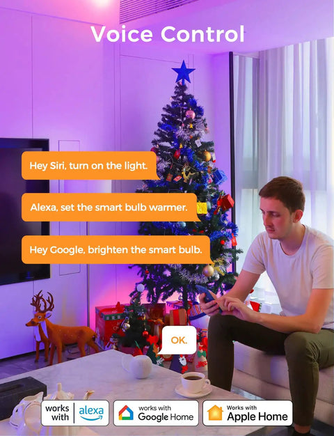 Man using voice control with Lit Color Changing Smart LED Bulbs 4 Pack Dimmable 9W 810 Lumens A19 With E26 Base 2700K To 6500K and Christmas tree