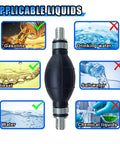 Fuel Line Hand Primer 12mm Rubber One Way Manual Fuel Pump Siphon showing applicable liquids for gasoline, diesel, water.