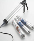 Caulking gun with high performance UV resistant adhesive sealant 740, black 600 mL sausage pack for industrial use