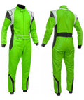 Front and back of green Digital Printed Karting Suit For Adults And Kids, Lightweight Breathable Racing Gear with custom logos.