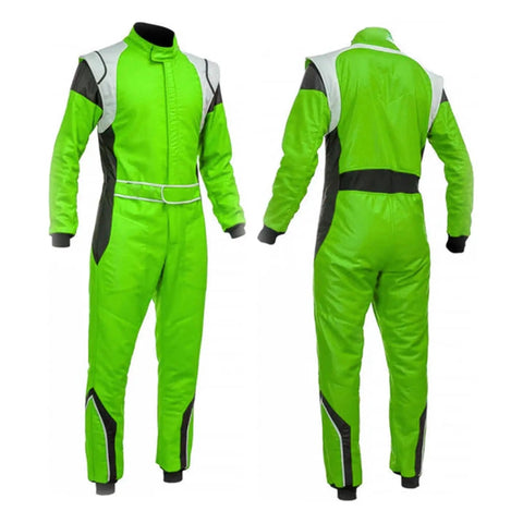 Front and back view of Digital Printed Karting Suit For Adults And Kids, Lightweight Breathable Racing Gear in bright green.
