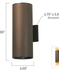 Outdoor Cylinder Wall Sconce In Architectural Bronze Two Light 15 Inch Tall 6 Inch Wide Weatherproof Porch Lighting With E26 Socket For BR40 Bulbs Bulbs Not Included, showing front view and dimensions.