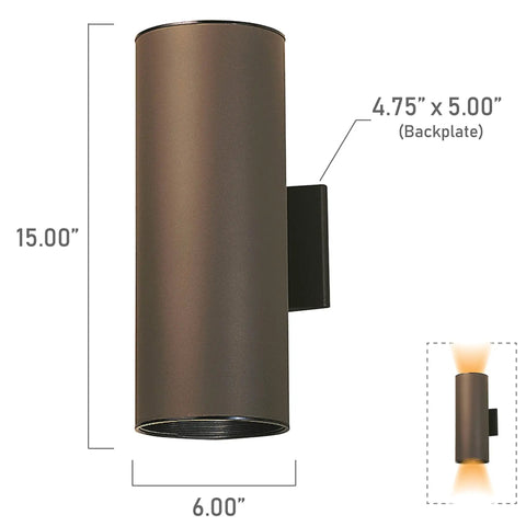 Outdoor Cylinder Wall Mount Sconce With Up And Down Lighting In White Finish, 15-inch tall, showing dimensions and design.